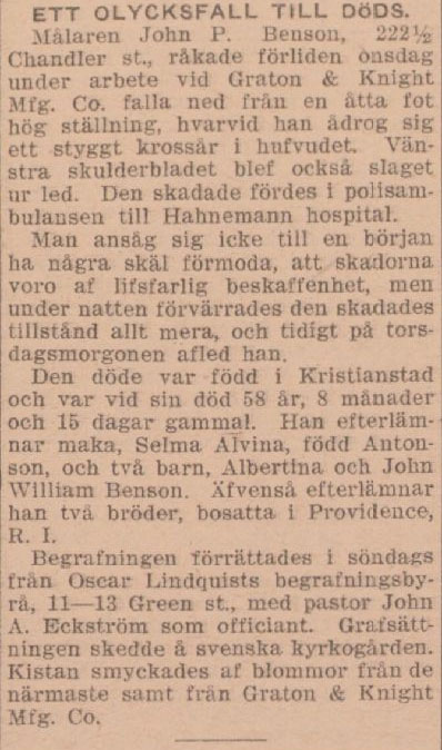 John P. Benson obituary in Swedish