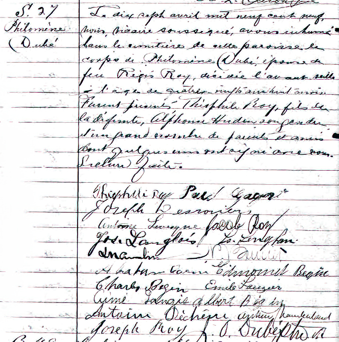 Burial record for Philomène Dubé, September 17, 1909