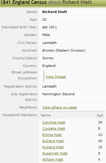 Hiatt family in 1841 census