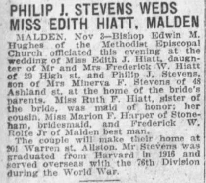 Philip Stevens Weds Edith Hiatt Boston Globe