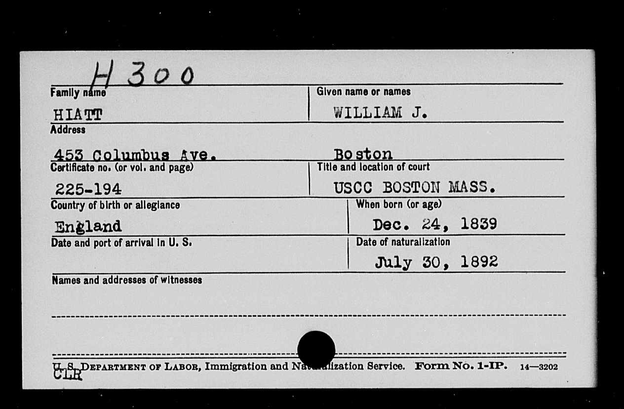 William Hiatt naturaliztion index card
