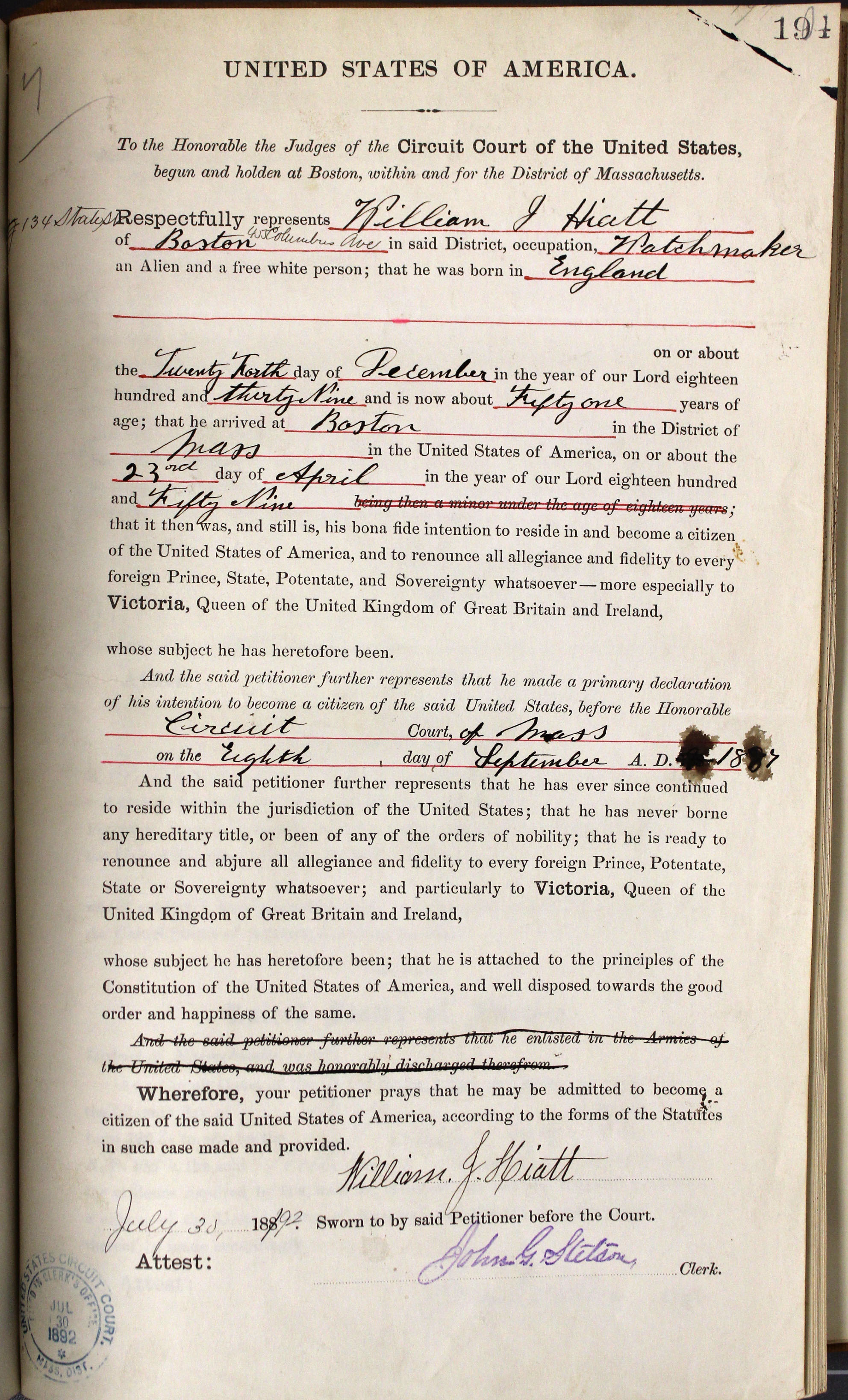William Hiatt naturalization page 1