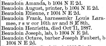 MinneappolisCityDirectoyr 1888 - 89 page 263 surname Beaudoin