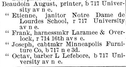 MinneappolisCityDirectoyr 1891 - 92 page 214 surname Beaudoin