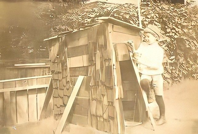 Philip standing at a homemade wooden fort