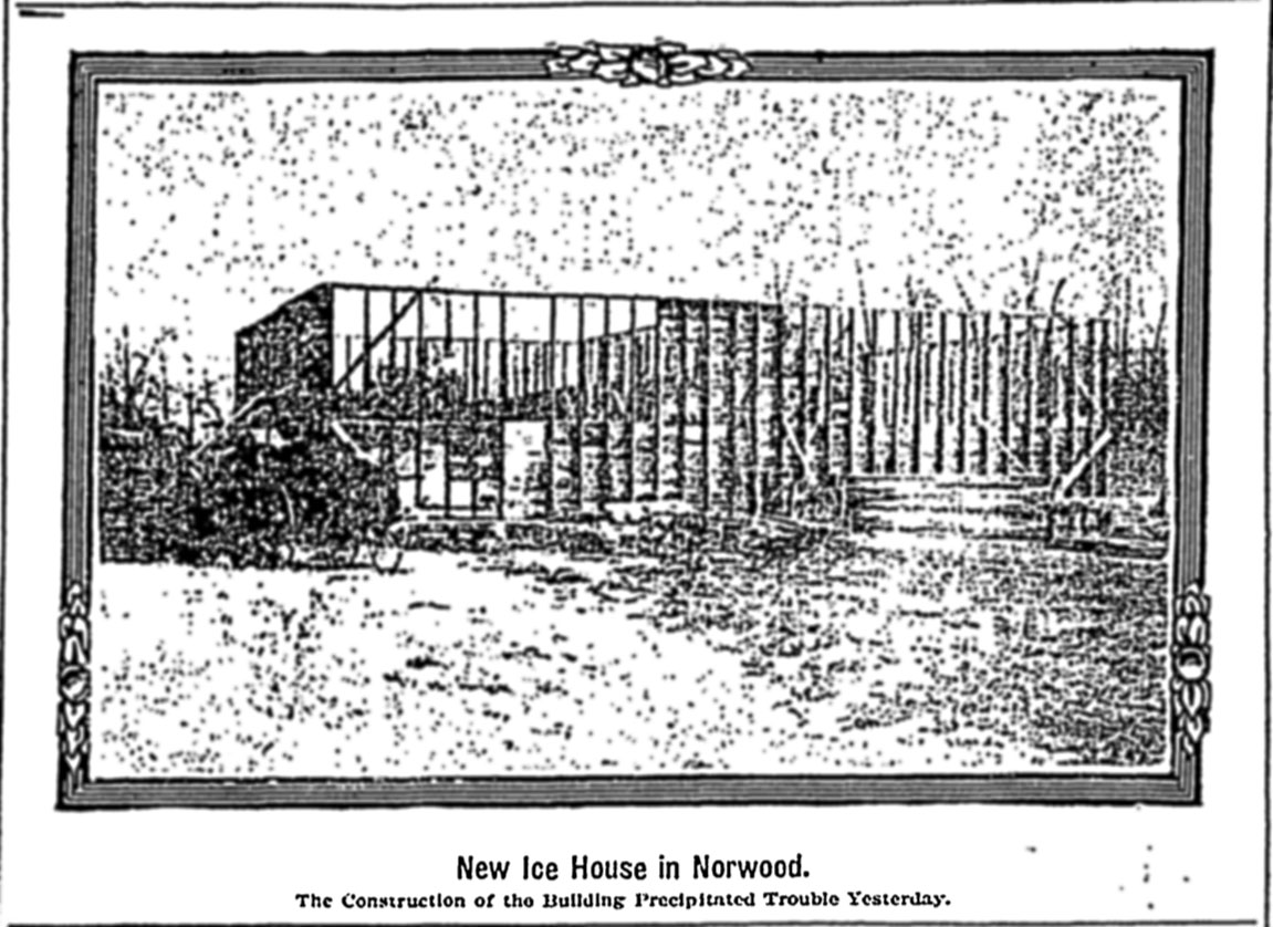 newspaer article about Alfred Roy, image of the ice house