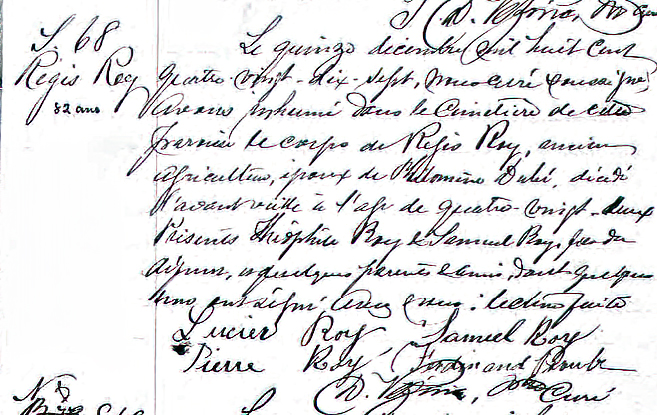 Burial record for Régis Roy December 15, 1897