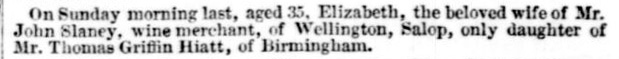 Death notice for Elizabeth Slaney