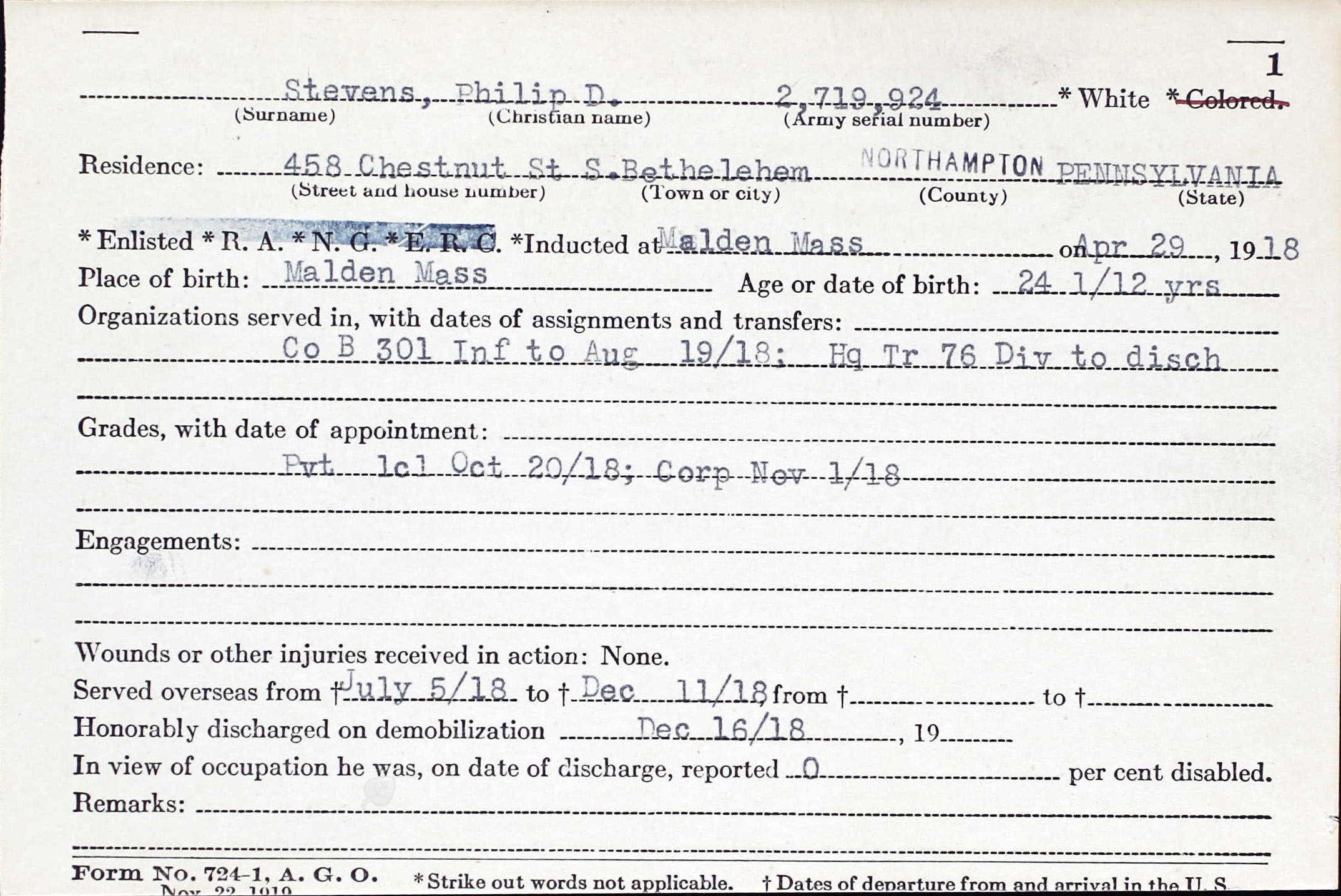 Pennsylvania, World War I Veterans Service and Compensation Files