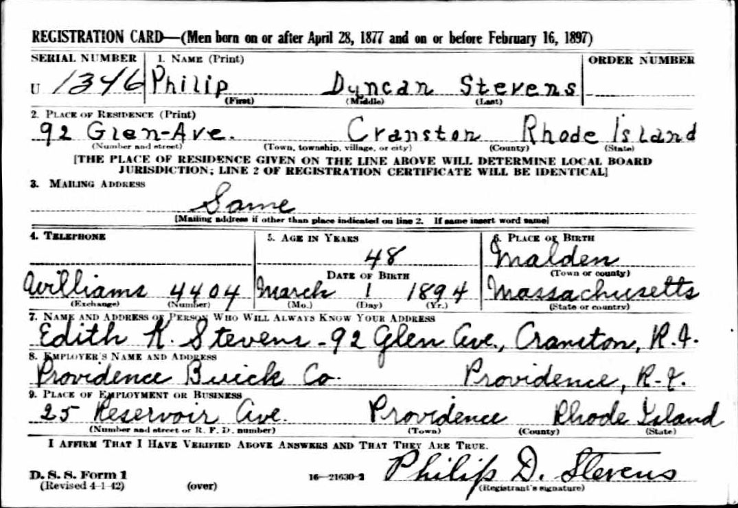 Philip Stevens World War II draft registration card